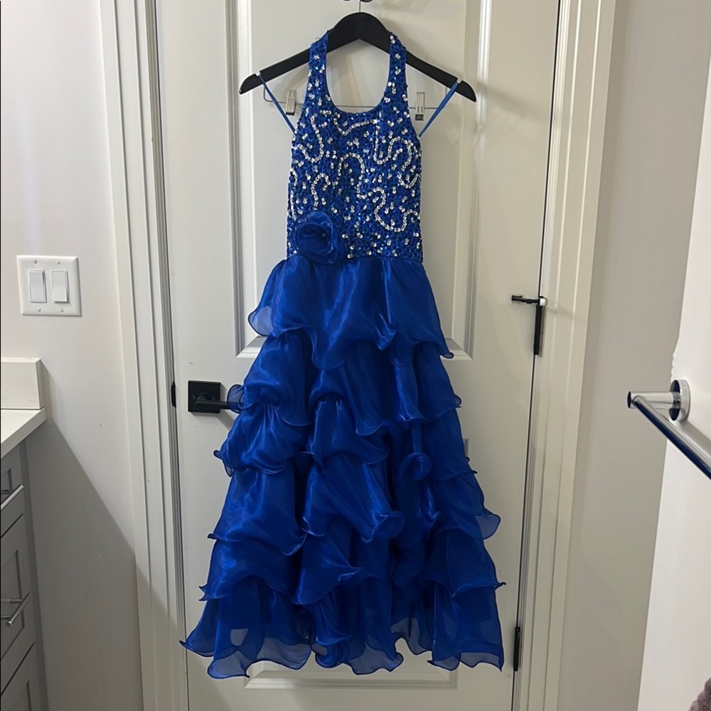 Blue Ruffled Embellished Halter Gown